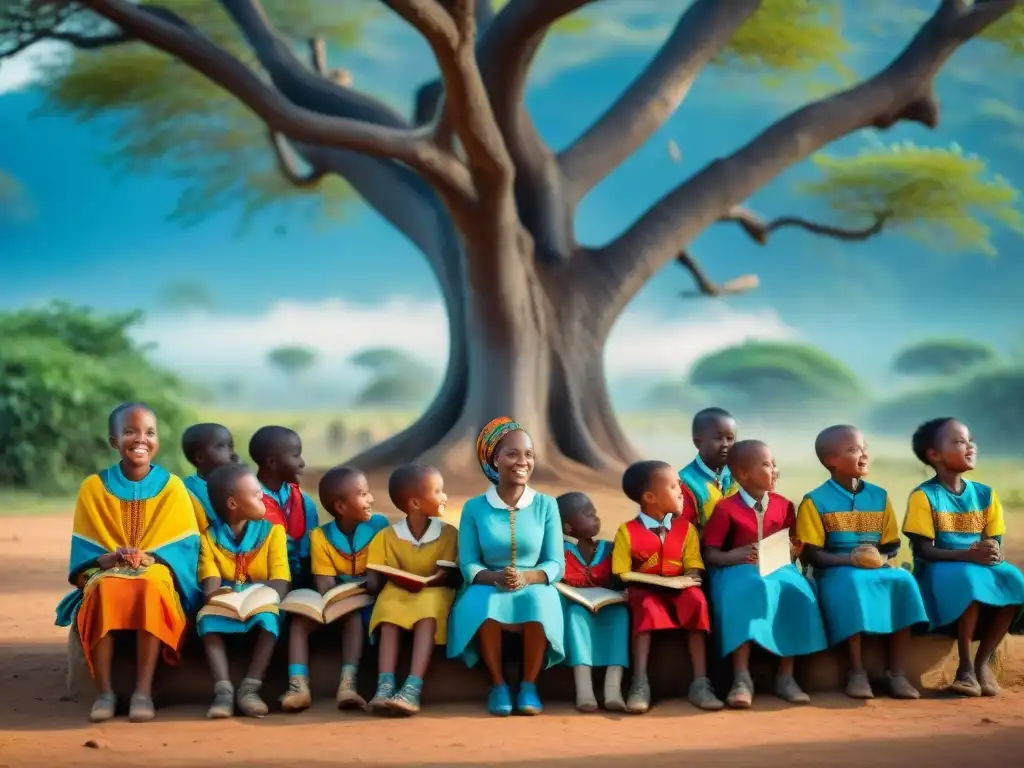 Una escena vibrante de niños africanos en tradicionales atuendos coloridos, aprendiendo al aire libre bajo un árbol