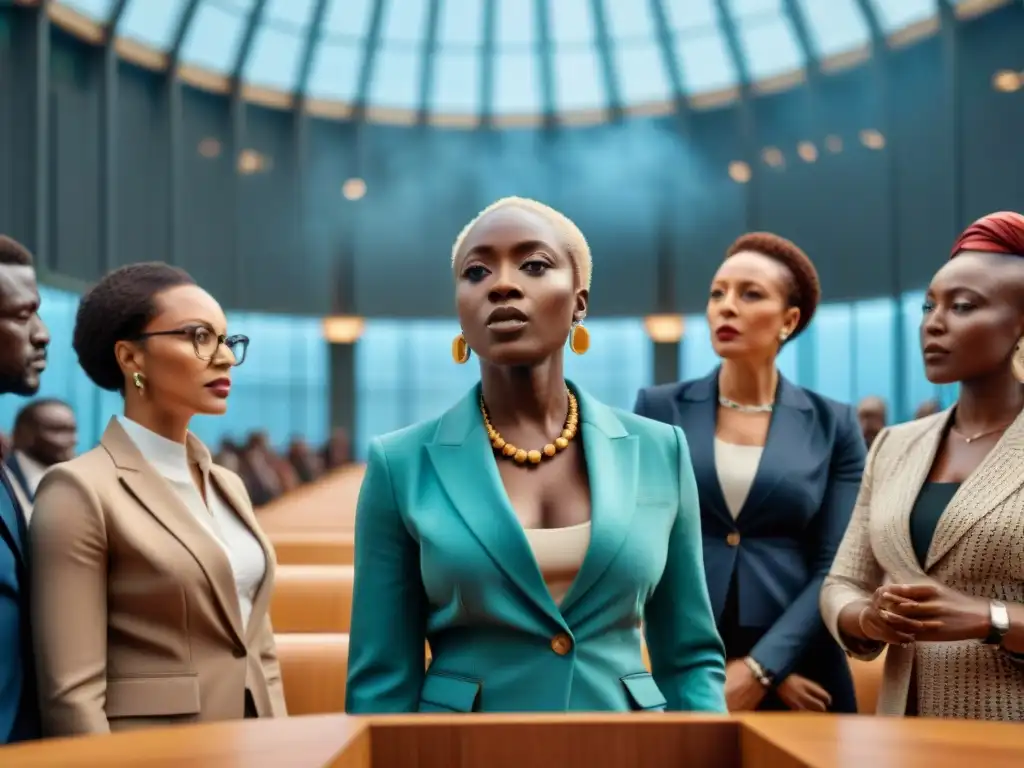 Una escena vibrante de políticas africanas debatiendo, representando la influencia de género, clase y política africana