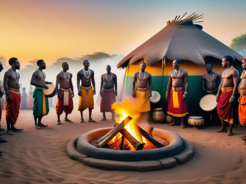 Una escena vibrante de prácticas colectivas de espiritualidad africana al atardecer