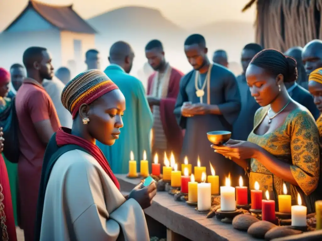 Escena vibrante de prácticas religiosas en África modernidad: gente diversa en mercado rezando y consultando a líder religioso