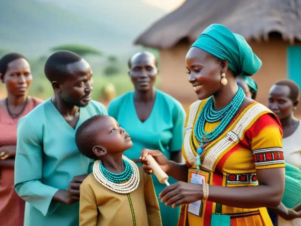 Una escena vibrante de prácticas de salud en África: trabajadores en atuendos tradicionales brindan atención médica en una aldea rural africana