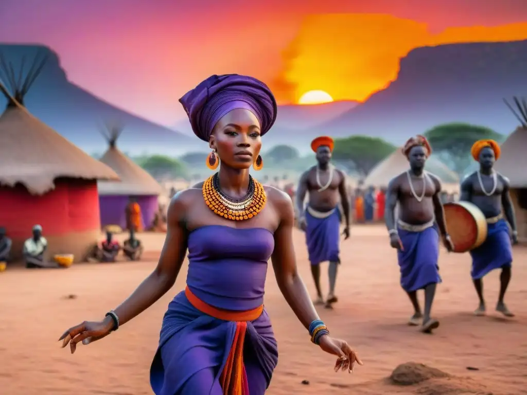 Escena vibrante de un pueblo africano al atardecer, danzas rituales alrededor del fuego