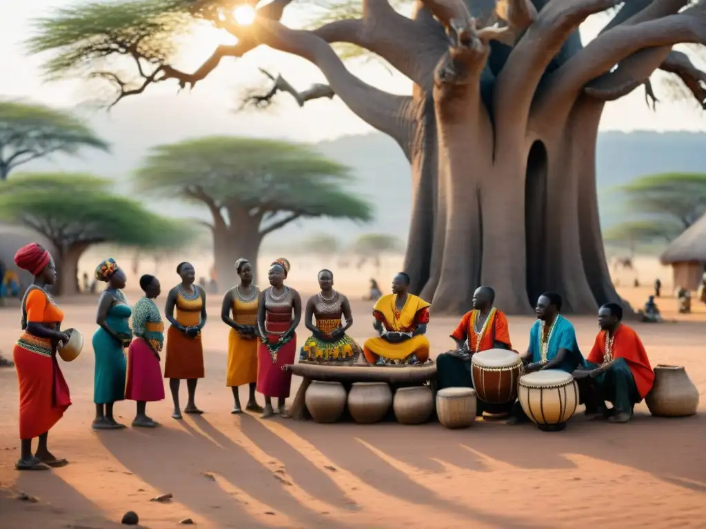 Una escena vibrante de un pueblo africano tradicional celebrando una ceremonia cultural bajo un árbol Baobab, iluminados por el cálido sol africano