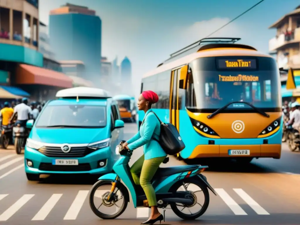 Escena vibrante de transporte urbano en África, fusionando métodos tradicionales e innovadores