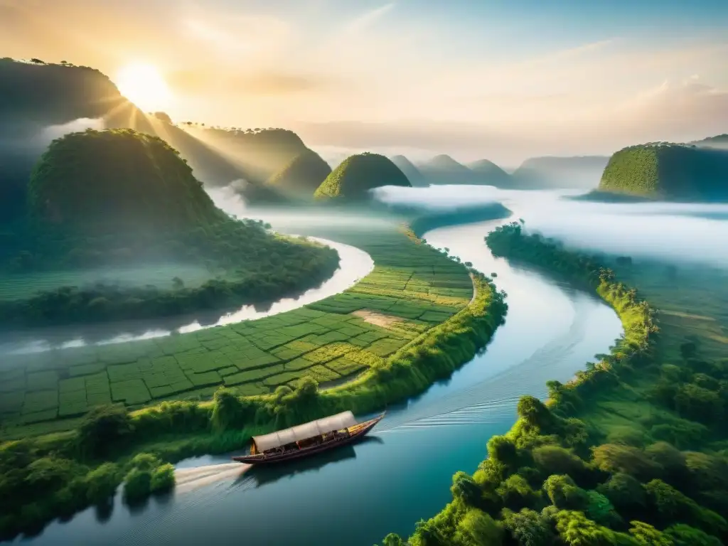 Un escenario africano con el río Congo serpenteando entre exuberantes bosques verdes, barcos de madera y aldeas locales activas al atardecer