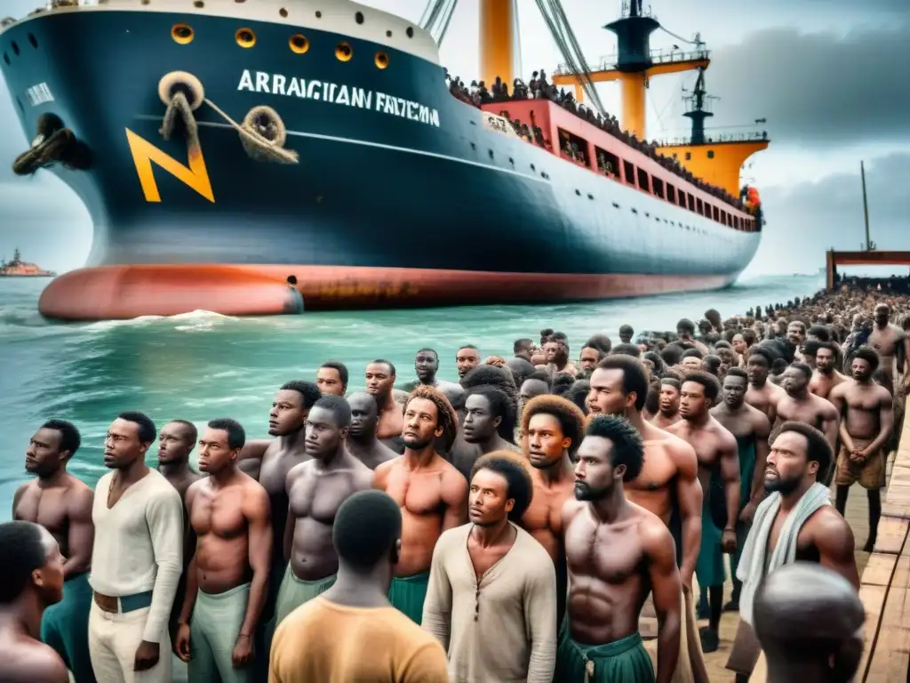 Escenas desgarradoras del comercio de esclavos en África: esclavos africanos cargados en un barco europeo en un bullicioso puerto