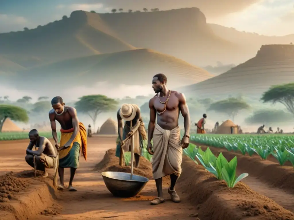 Esclavos africanos trabajando bajo el sol abrasador en la antigüedad, reflejando la dura realidad de la esclavitud