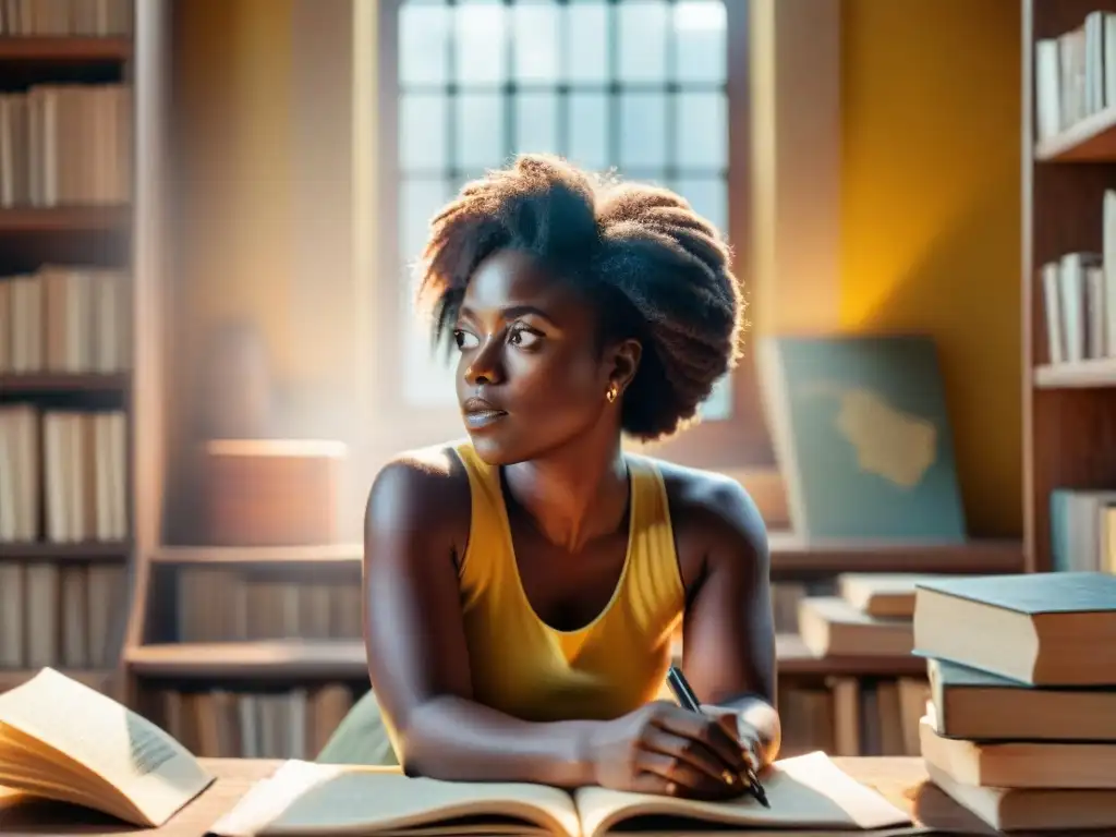 La escritora africana Yaa Gyasi inmersa en la investigación de historias olvidadas, rodeada de libros viejos en una habitación tenue