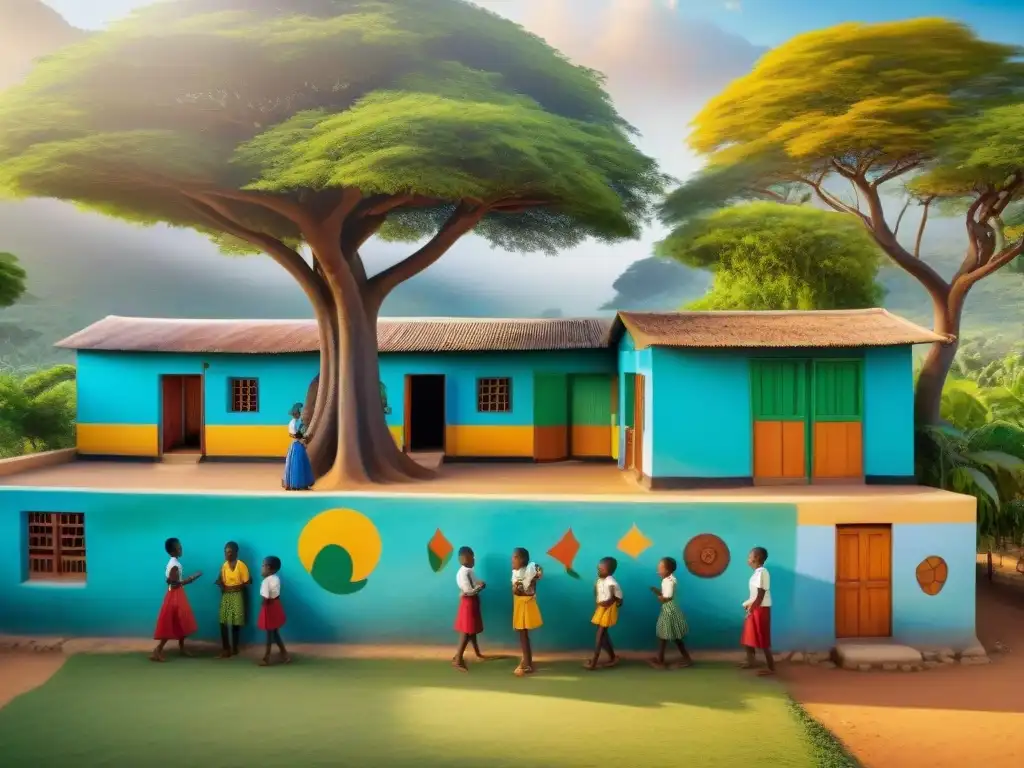 Escuela vibrante en África con educación bilingüe, murales coloridos y niños jugando juntos bajo un árbol