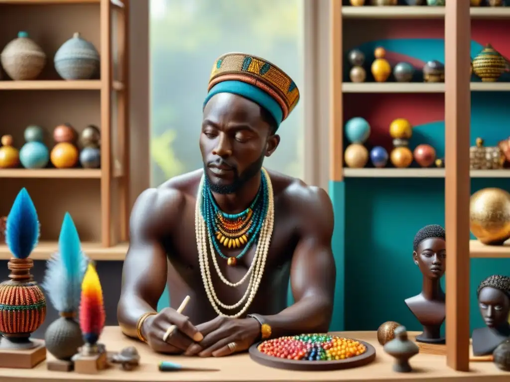 Un escultor africano contemporáneo creando una obra detallada de un rey africano, rodeado de material artístico