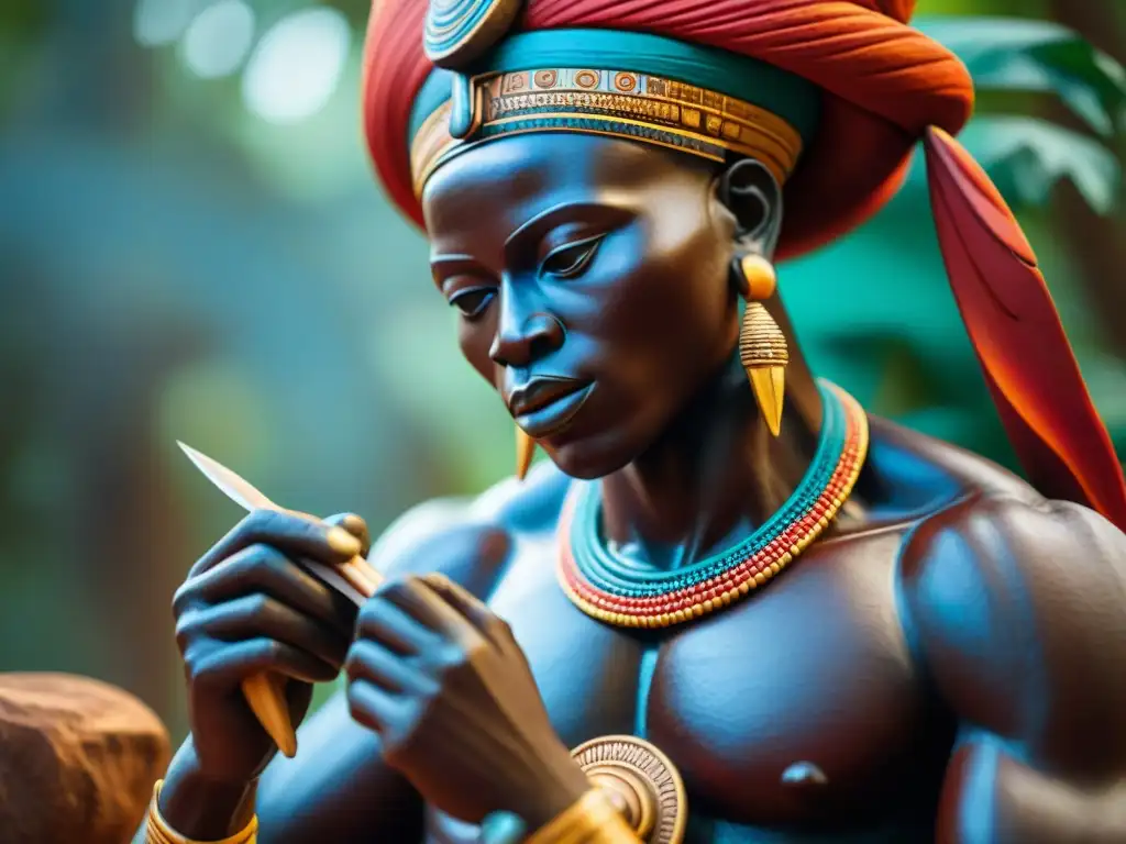 Un escultor africano talla una majestuosa estatua de una deidad mítica entre colores vibrantes