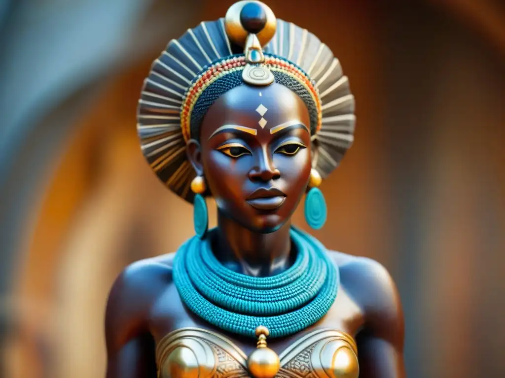 Escultura africana de la deidad Oshun con detalles intrincados y cálida iluminación natural