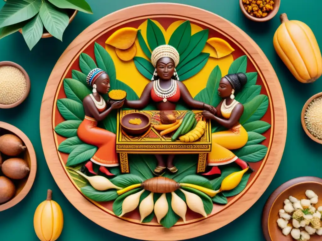 Una escultura africana detallada muestra una escena festiva con alimentos tradicionales