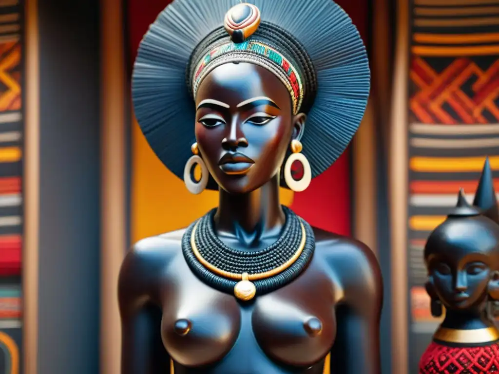 Escultura africana de feminidad: figura femenina empoderada tallada en ébano con detalles tribales y joyas