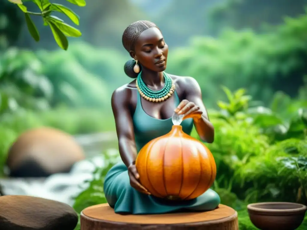 Escultura africana de mujer vertiendo agua con simbolismo de pureza, rodeada de naturaleza bajo el sol africano