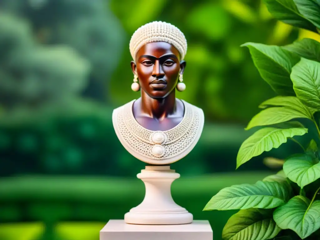 Escultura de mármol detallada de figura africana real, con atuendo tradicional y accesorios simbólicos, en un entorno verde