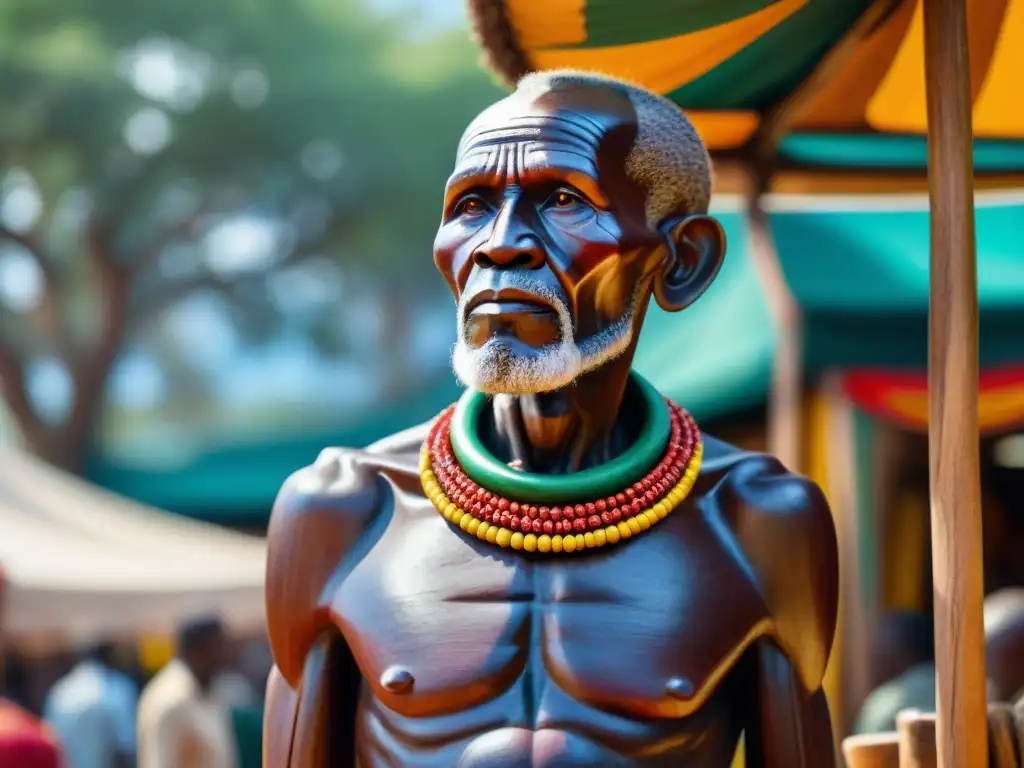 Escultura de madera de anciano tribal en bullicioso mercado africano, transmitiendo sabiduría e historia