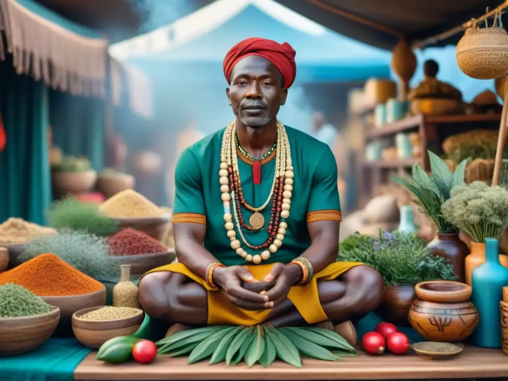 Escultura de madera de curandero africano rodeado de hierbas y herramientas, en un mercado africano vibrante
