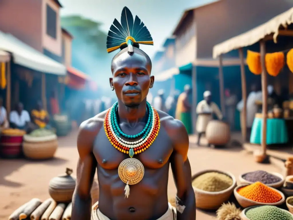 Escultura de madera detallada de curandero africano en mercado vibrante