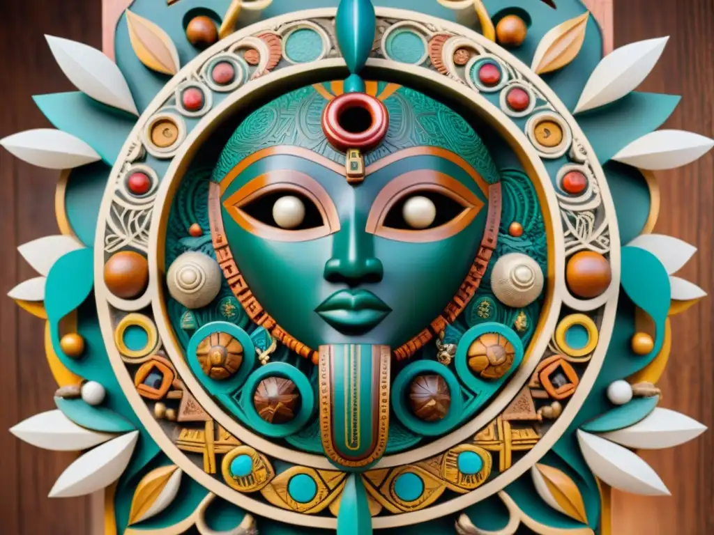 Escultura de madera detallada con símbolos numéricos africanos rodeada de máscaras y artefactos tradicionales