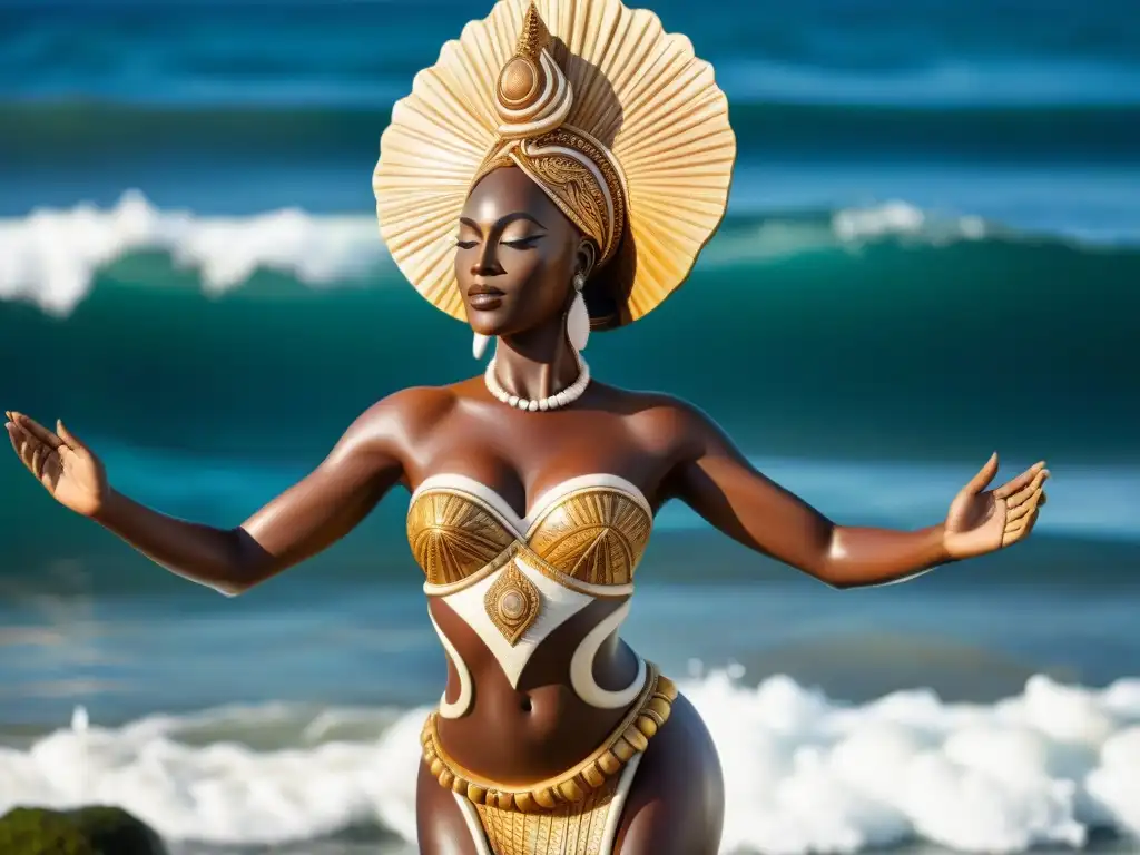 Escultura de Yemoja, diosa del mar en el arte africano, simbolizando la conexión entre el agua y la vida