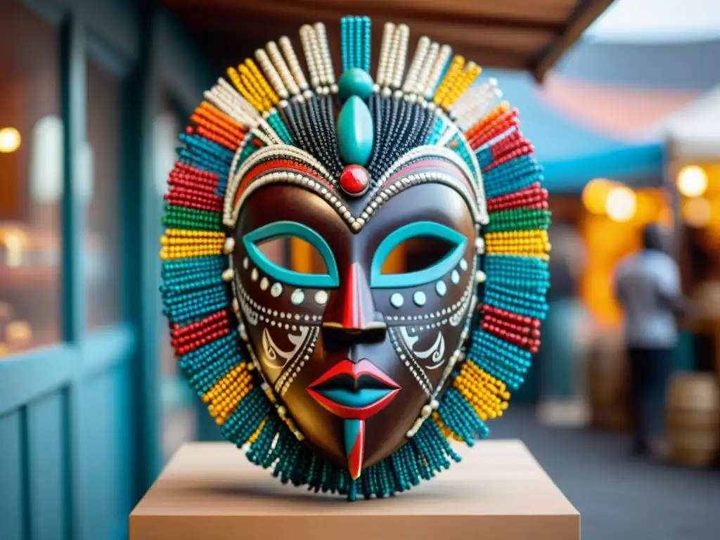 Escultura de máscara tribal africana con cuentas y tallas, evocando la travesía del arte africano en mercado vibrante