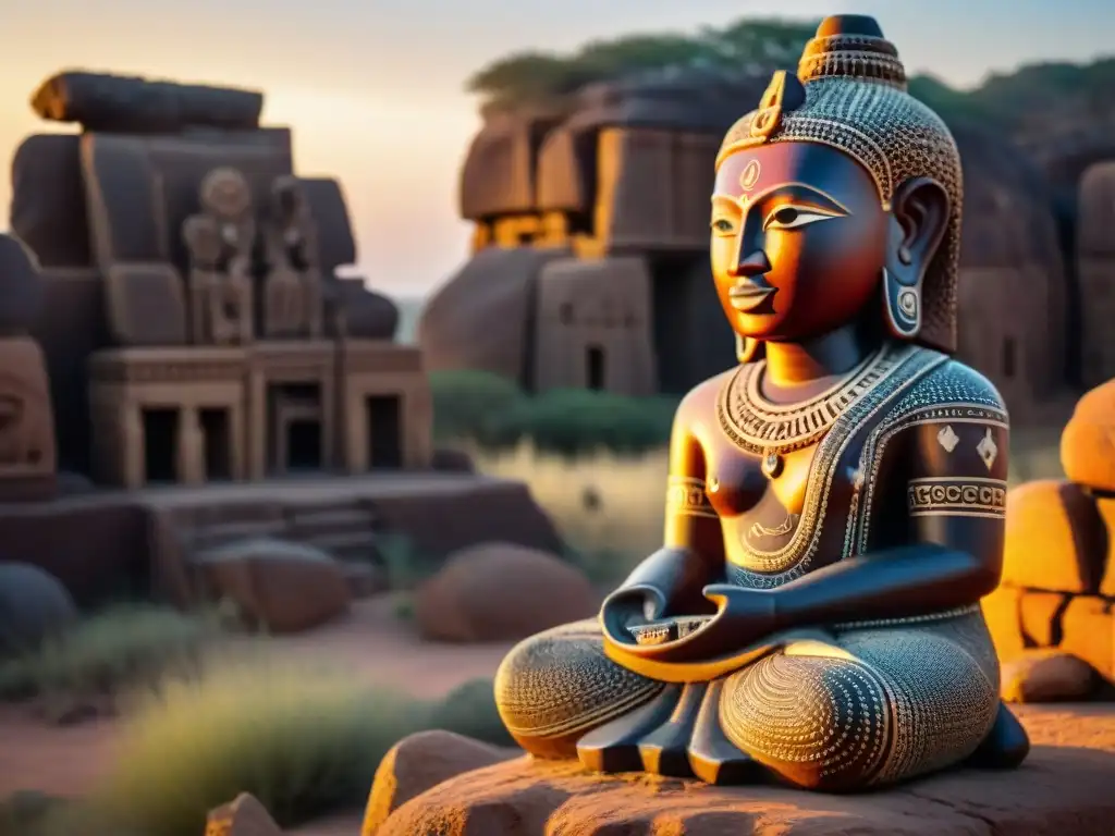 Esculturas de piedra talladas con deidades espirituales en ruinas del Reino de Mapungubwe, iluminadas por el cálido atardecer africano