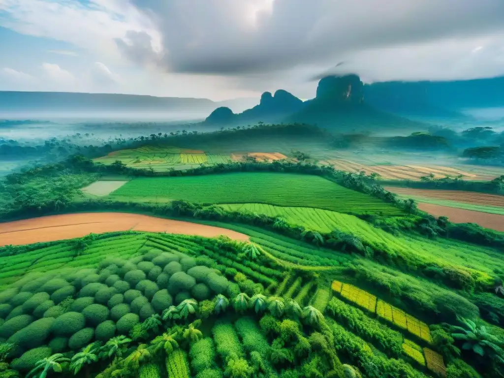 Esencia de la agricultura en sociedades africanas: coloridos campos se extienden entre aldeas y montañas, con agricultores cuidando sus cultivos