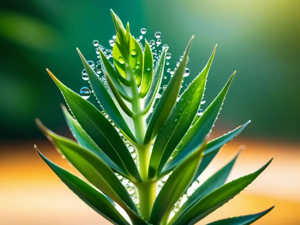 La esencia de la imagen se resume en el corte de una hoja de aloe vera con gel y gotas de agua, destacando los Beneficios del aloe vera para piel