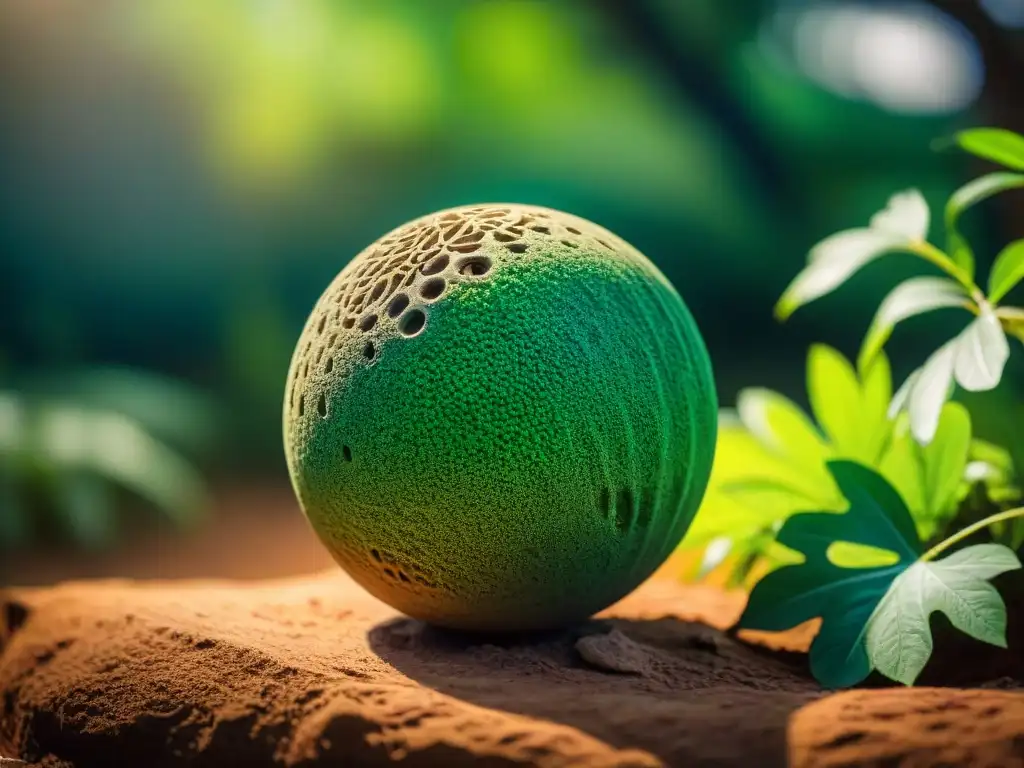 Esfera de piedra de Senegambia parcialmente sumergida en exuberante vegetación, iluminada por el sol filtrado entre las hojas