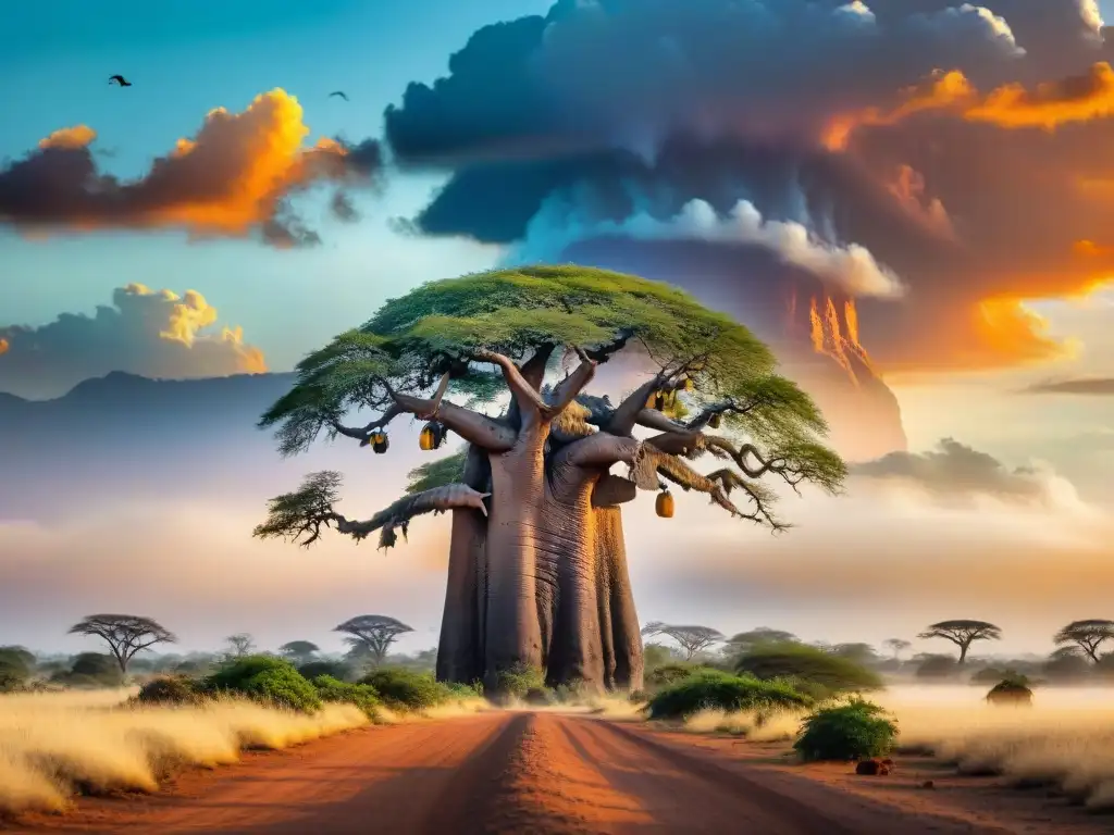 Espectacular Baobab africano en atardecer vibrante con flora y fauna en África