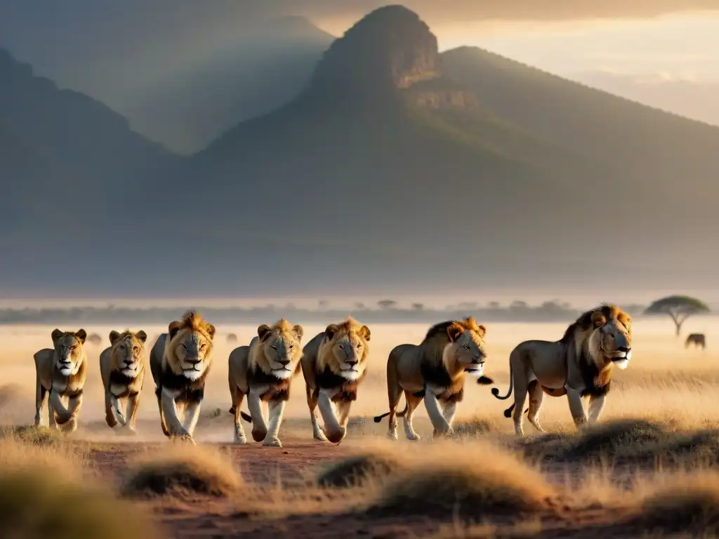 Encuentro salvaje: leones al acecho en la sabana africana al atardecer Espectacular escena de la evolución de la caza en África: leones al acecho al atardecer en la sabana