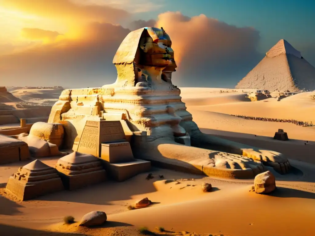 Espectacular Gran Esfinge de Giza al atardecer, con hieroglíficos detallados y texturas de piedra en 8k