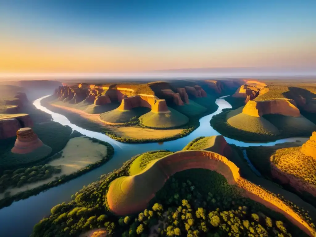 Espectacular paisaje de Mapungubwe al atardecer, con los ríos Limpopo y Shashe, acantilados de arenisca y sitio arqueológico