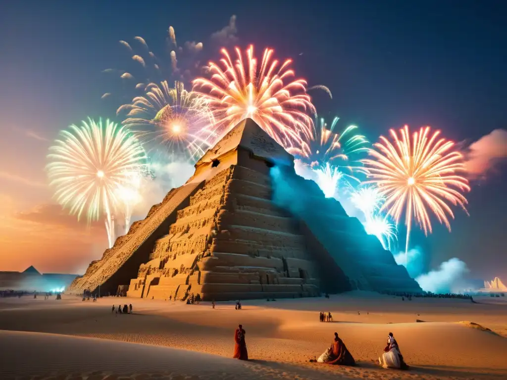 Espectacular templo egipcio iluminado por fuegos artificiales, evocando la pirotecnia en el antiguo Egipto