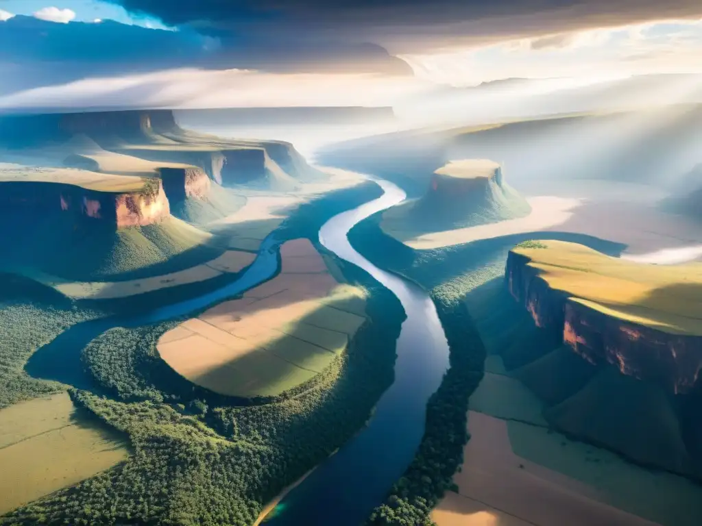 Espectacular vista aérea del Valle del Rift en África al atardecer, con acantilados, río y aves en vuelo