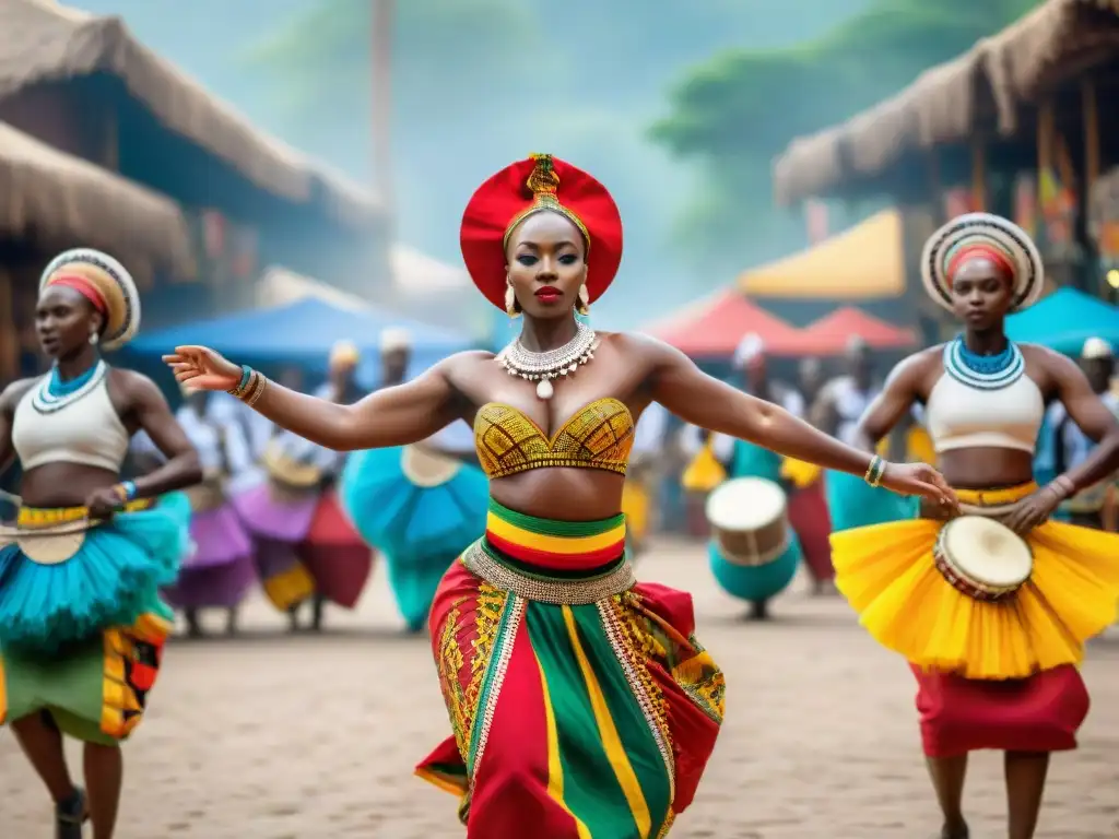 Espectáculo de danza africana tradicional con vibrantes colores y energía, en un mercado multicultural