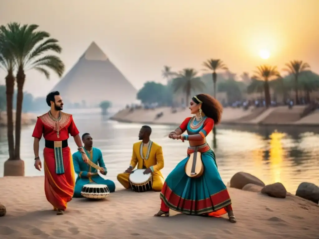 Espectáculo de danza y música en Egipto: baile tradicional al atardecer junto al río Nilo, con trajes vibrantes y música en vivo