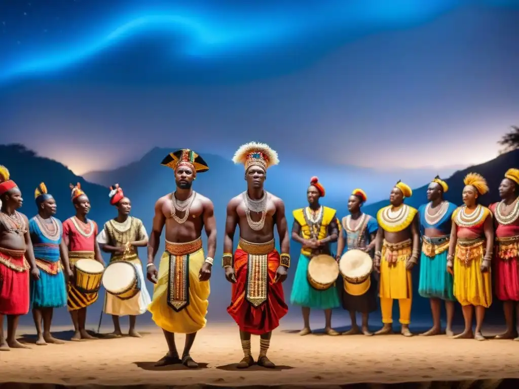 Espectáculo de teatro en la preservación cultural africana bajo el cielo estrellado