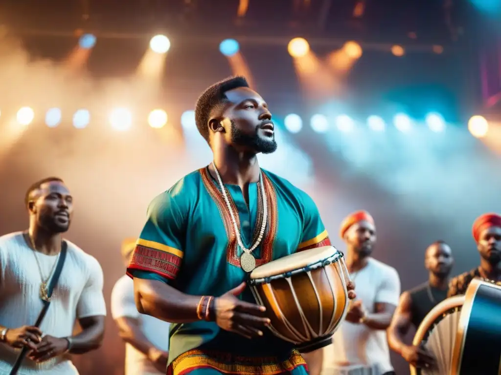 Espectáculo vibrante de músicos africanos en escenario, fusionando tradición y tecnología, cautivando a multitud diversa