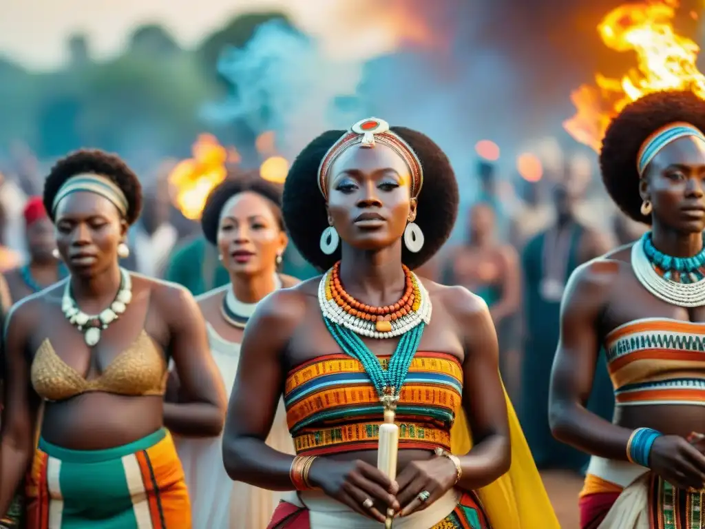 Celebración espiritual africana con danzas alrededor de una fogata