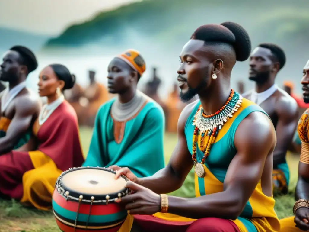 Celebración espiritual africana con danzas y tambores vibrantes, resaltando la importancia de las Apps para religiones africanas