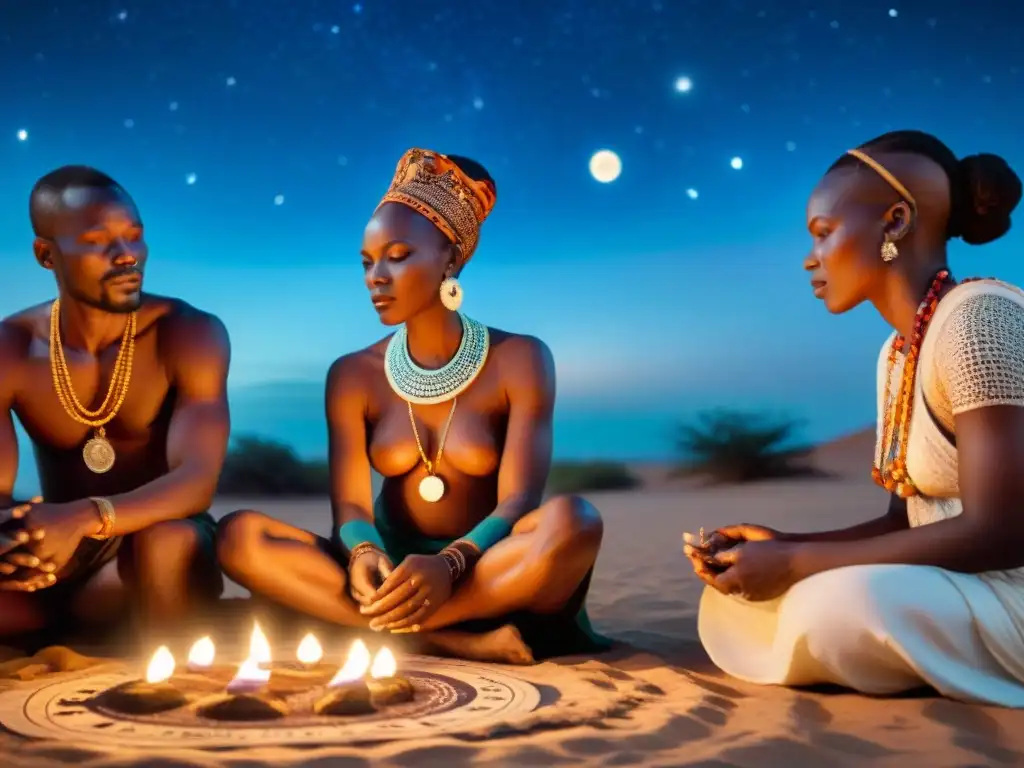 Práctica espiritual africana bajo las estrellas, destacando la influencia de la astrología en sus rituales