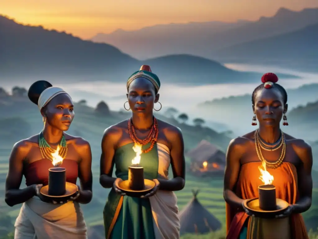 Práctica espiritual africana al anochecer, iluminada por antorchas