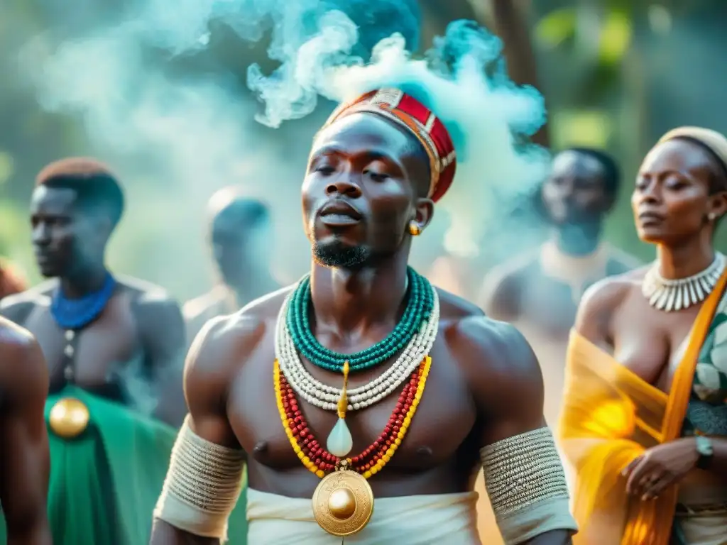 Celebración espiritual africana en la naturaleza, danzas y colores vibrantes