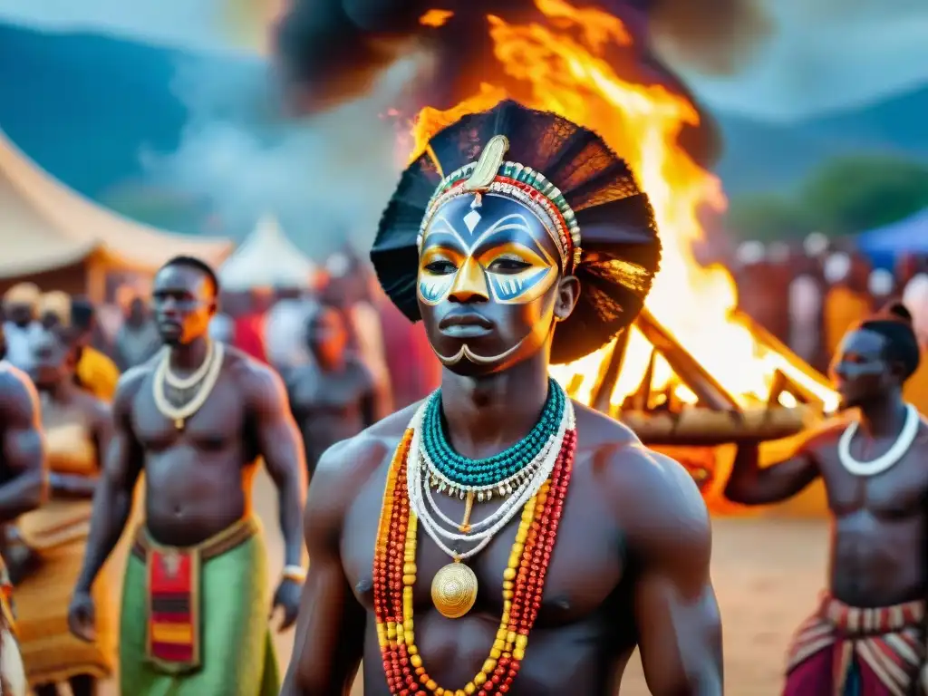 Celebración espiritual africana: personas danzan alrededor de fogata con atuendos coloridos y simbología de unión vida-muerte