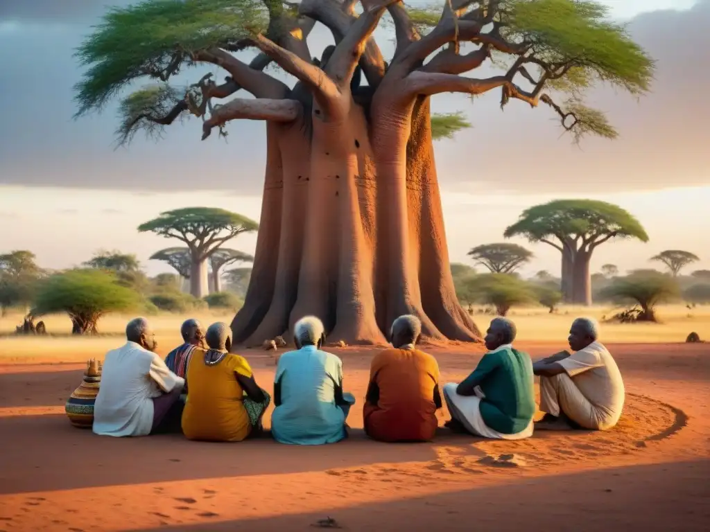 Conversación espiritual de ancianos africanos bajo árbol baobab, reflejando sabiduría e historia