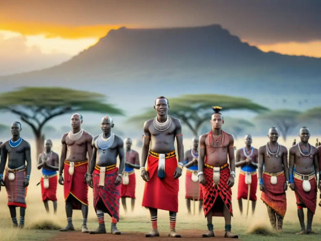 'Celebración espiritual de guerreros Masái danzando en ritual durante la Ceremonia Masái Moran en Kenia, reflejando tradiciones africanas