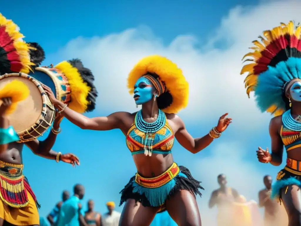 Celebración espiritual en tradiciones africanas, danzas vibrantes bajo el cielo azul