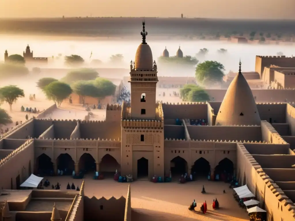 Espléndida vista aérea de la Gran Mezquita de Djenné en Mali, destacando su arquitectura de tierra en medio de un vibrante día de mercado